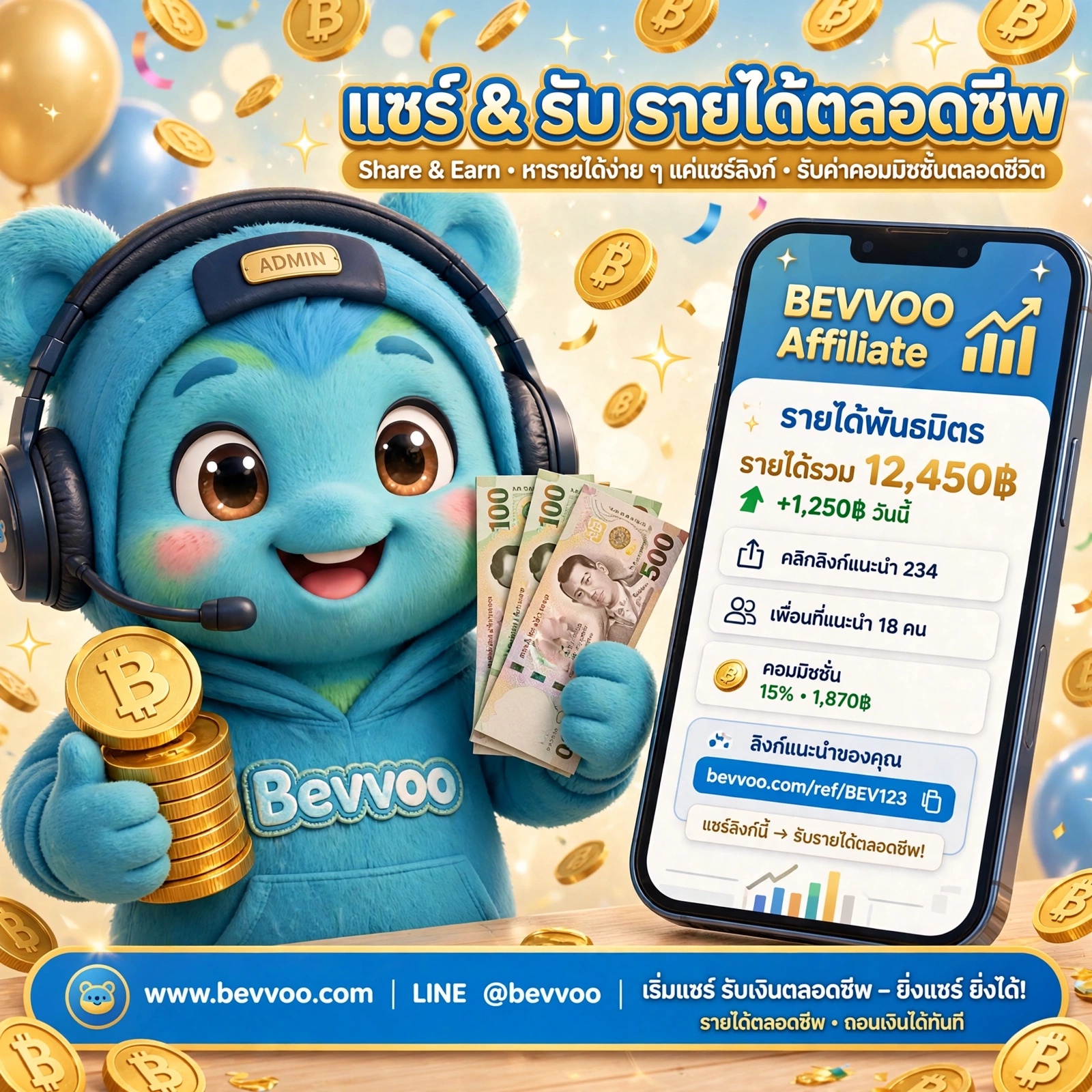 มาสร้างรายได้ผ่านระบบของ Bevvoo สร้างเงินง่ายๆ แค่ แชร์ ชวน ใช้ รับรายได้ตลอดชีพ